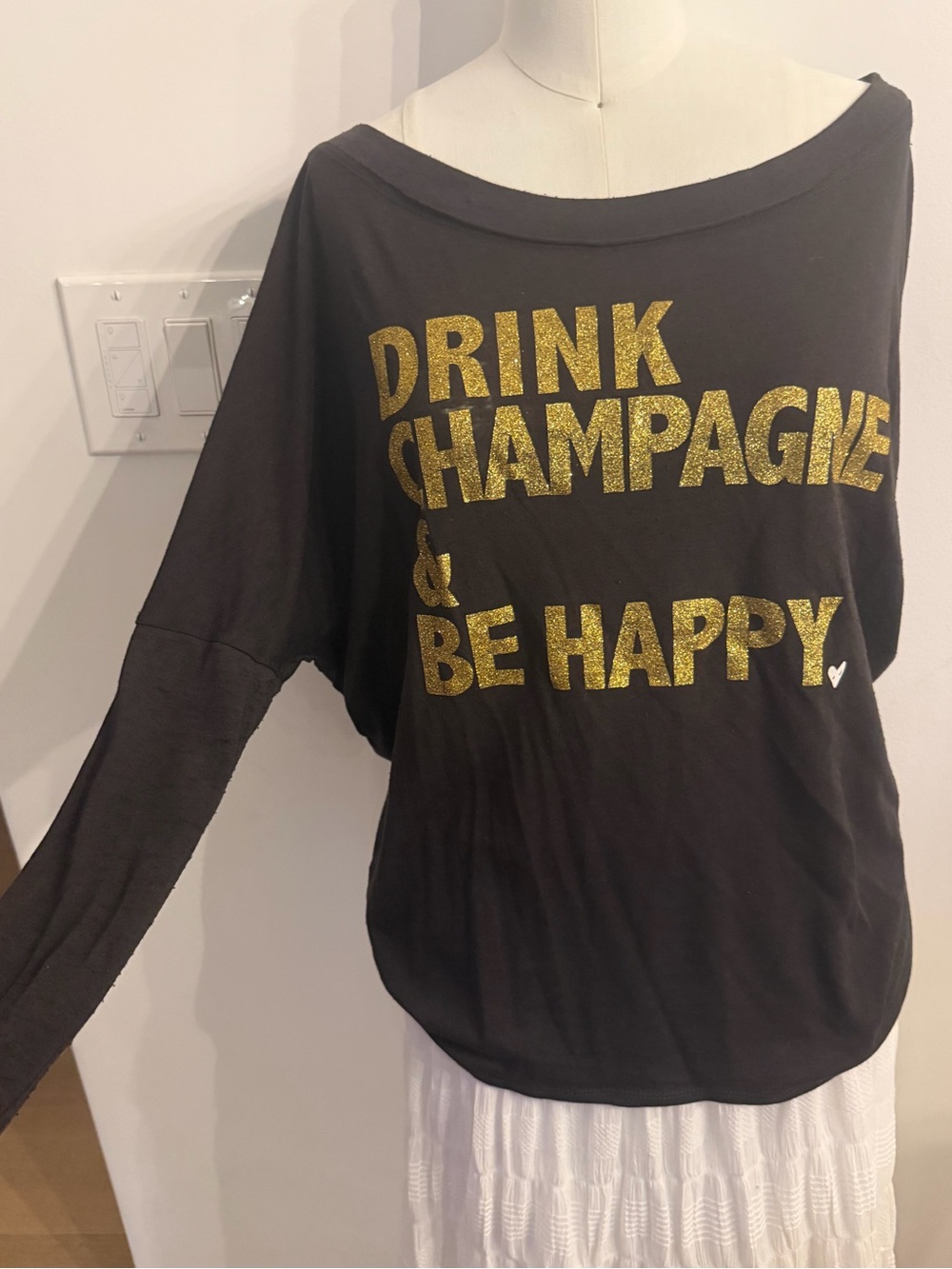 Chaser Black Long Sleeve Tee with Gold Glitter "Drink Champagne & Be Happy"